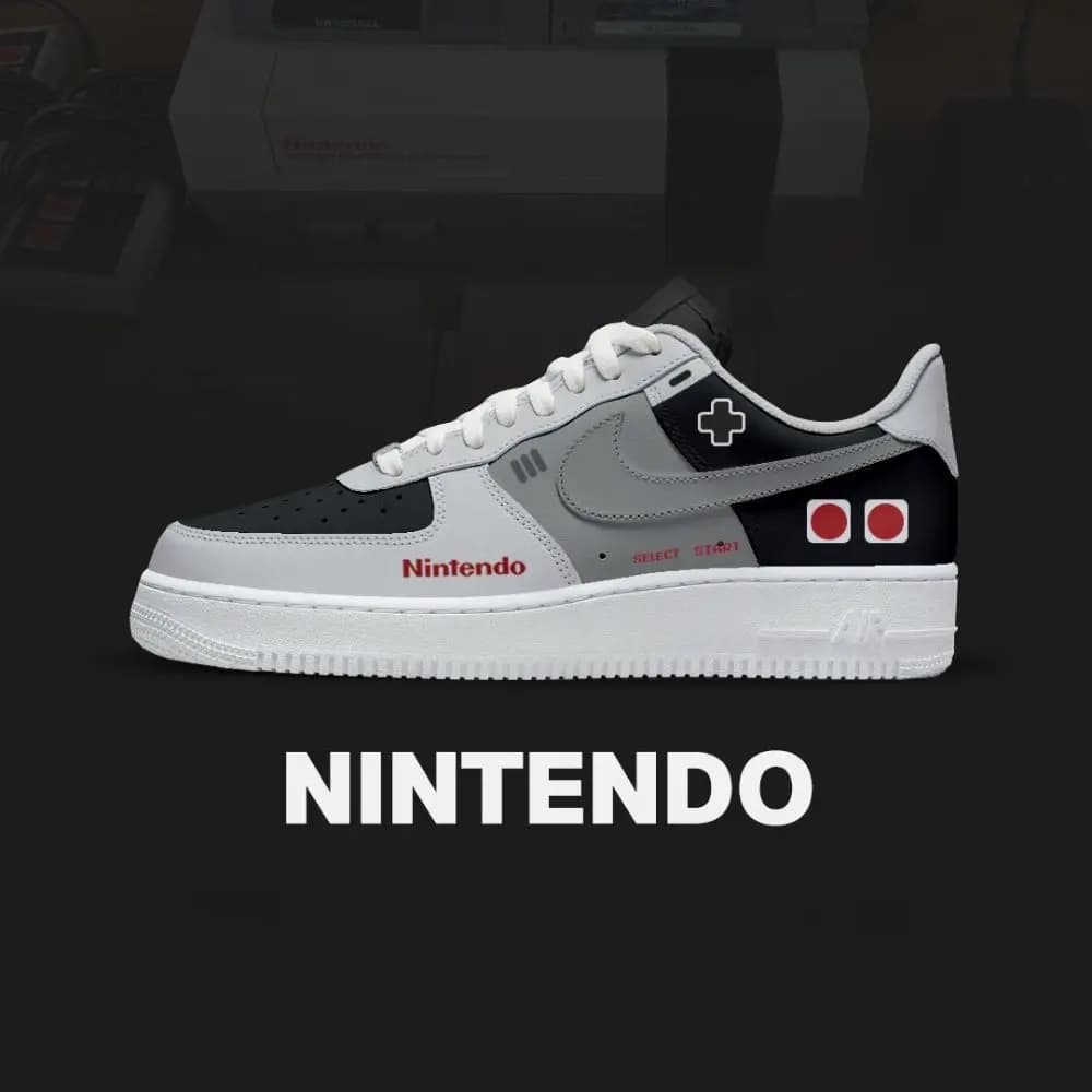 Retro Pixel Classic Nintendo Low Top Shoes in black, gray and white with controller-inspired details
