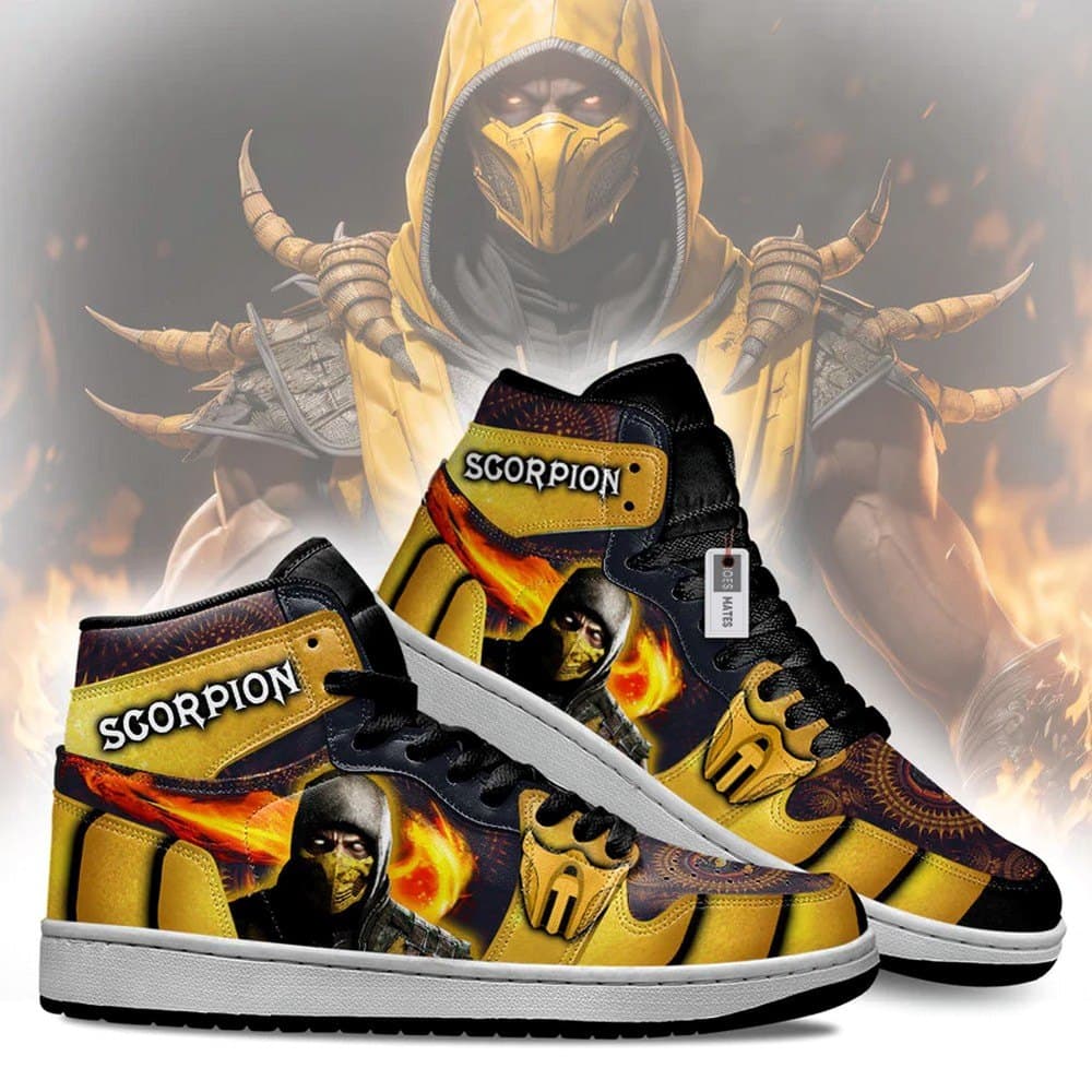 Scorpion Mortal Kombat AJ1 High Top Shoes with yellow, black and flame-themed character artwork