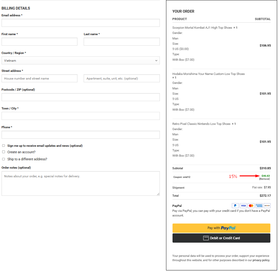 SMD12 coupon applying a 15 percent discount to three eligible Shoesmates items at checkout