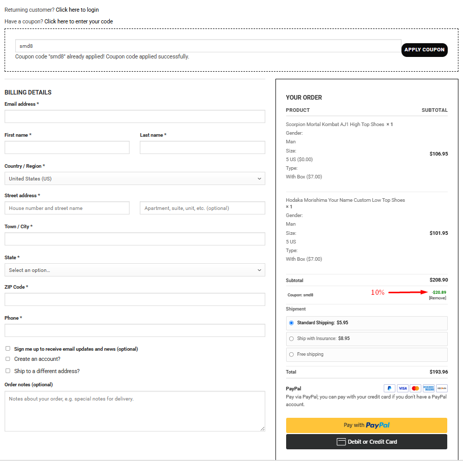 SMD8 coupon successfully applied to two eligible Shoesmates items with a 10 percent discount
