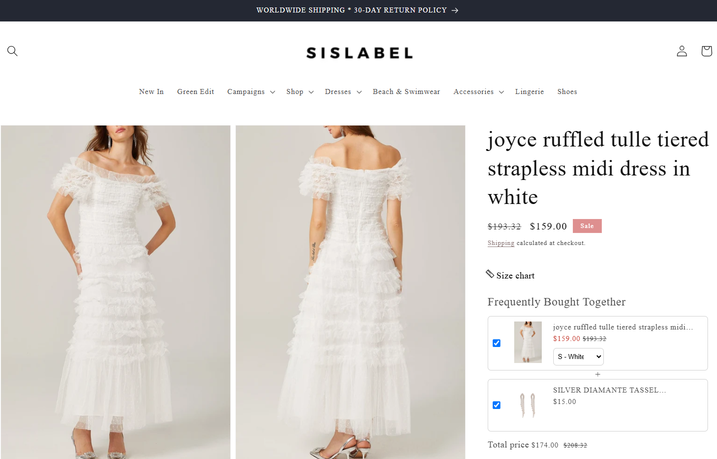 joyce ruffled tulle tiered strapless midi dress in white
