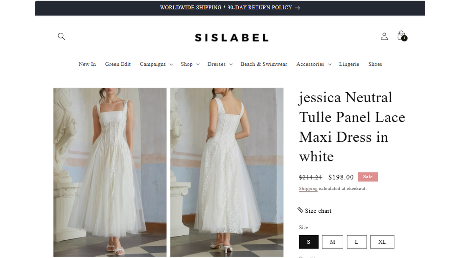 Sislabel Jessica Neutral Tulle Panel Lace Maxi Dress sale proof showing $214.24 reduced to $198