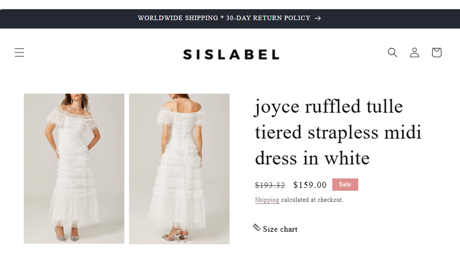Sislabel Joyce Ruffled Tulle Tiered Strapless Midi Dress sale proof showing $193.32 reduced to $159