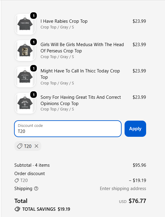 T20 coupon applied to four eligible Topicgirl crop tops with a 20% checkout discount