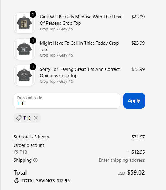 T18 coupon applied to three eligible Topicgirl crop tops with an 18% checkout discount