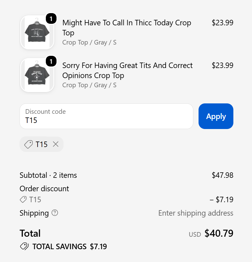 T15 coupon applied to two eligible Topicgirl crop tops with a 15% checkout discount