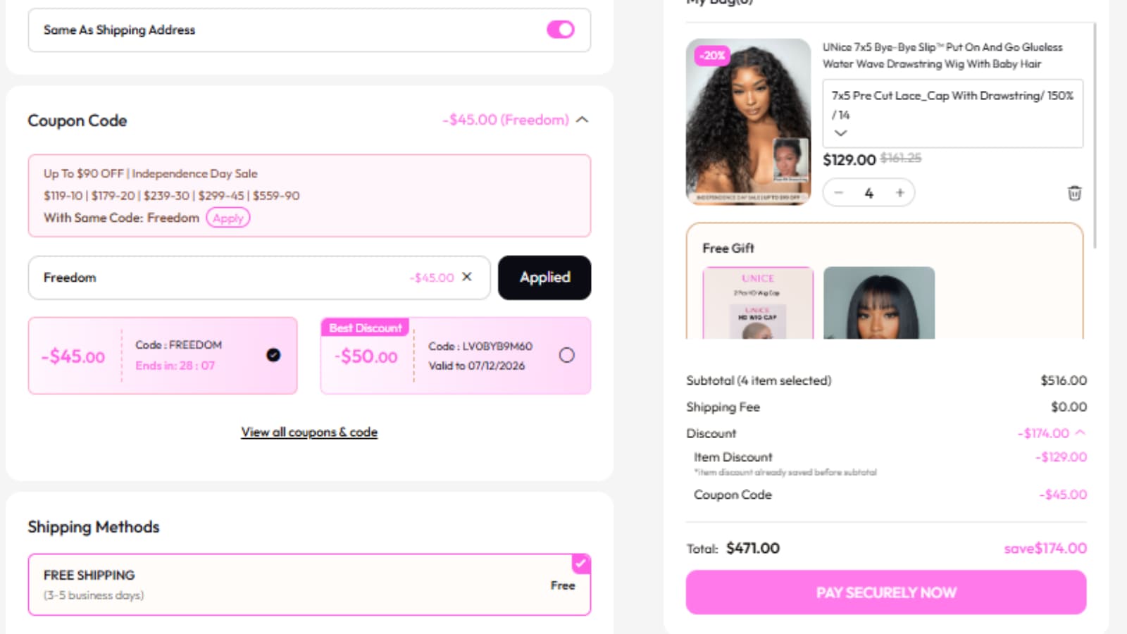 Unice Freedom Coupon Code Checkout Proof Unice Freedom coupon code checkout proof showing $45 off on an eligible wig cart