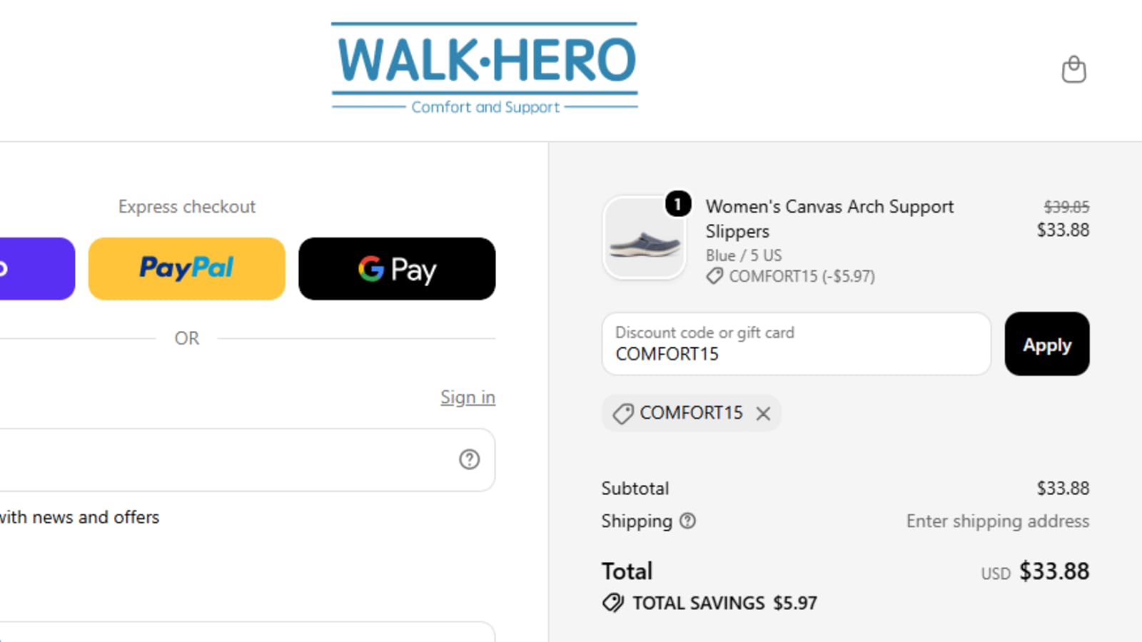 WalkHero COMFORT15 coupon code checkout proof for Women's Canvas Arch Support Slippers