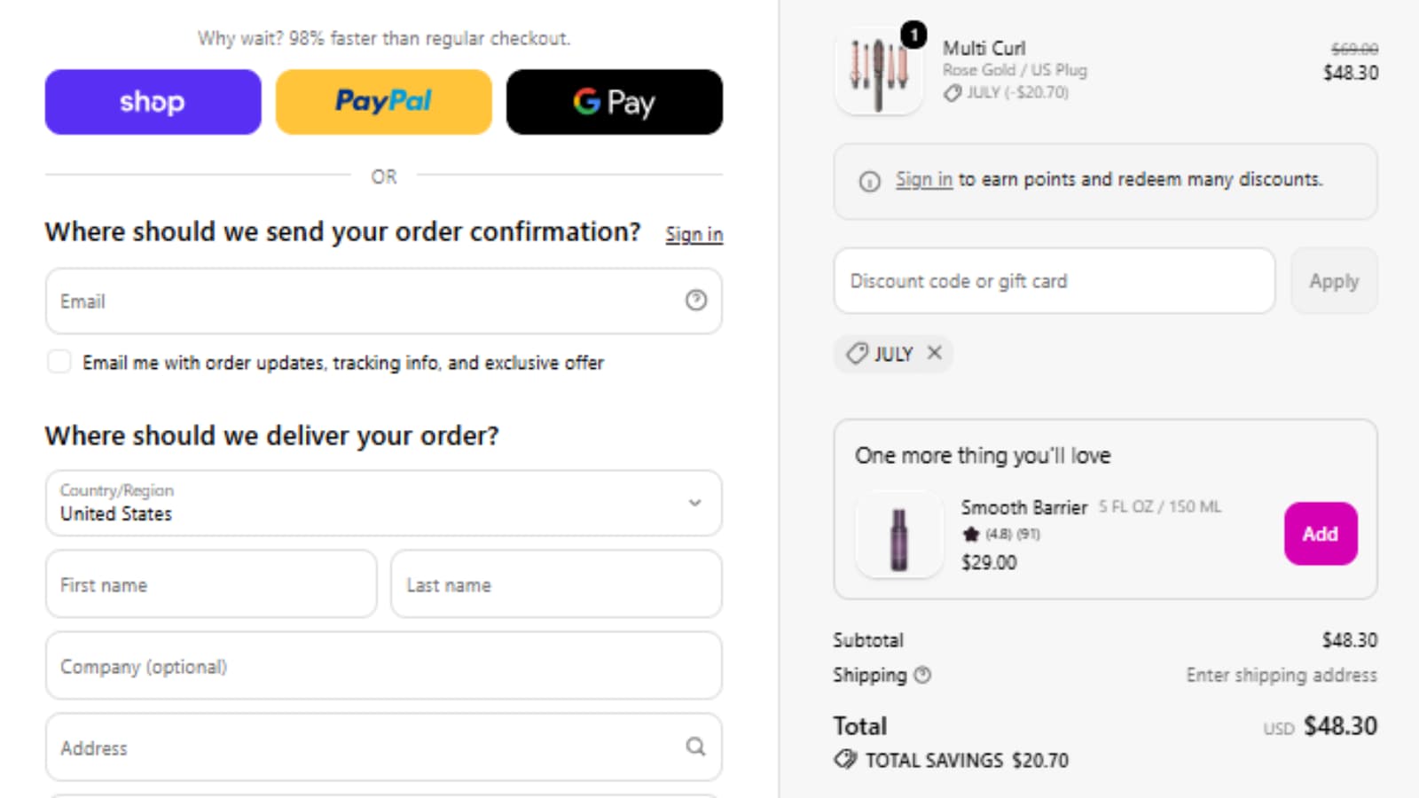 Wavytalk JULY coupon code 30% off Multi Curl checkout proof