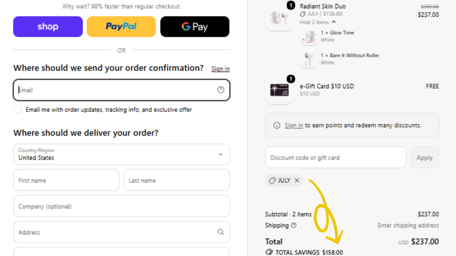 Wavytalk JULY coupon code 40% off Radiant Skin Duo checkout proof