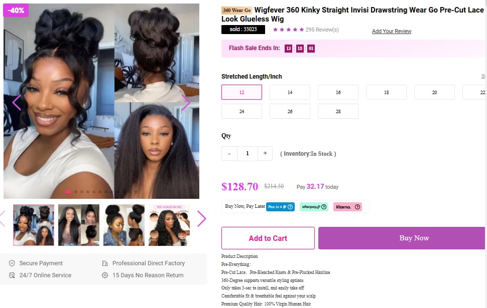 WigFever Wigfever 360 Kinky Straight Invisi Drawstring Wig deal showing Save $85.80