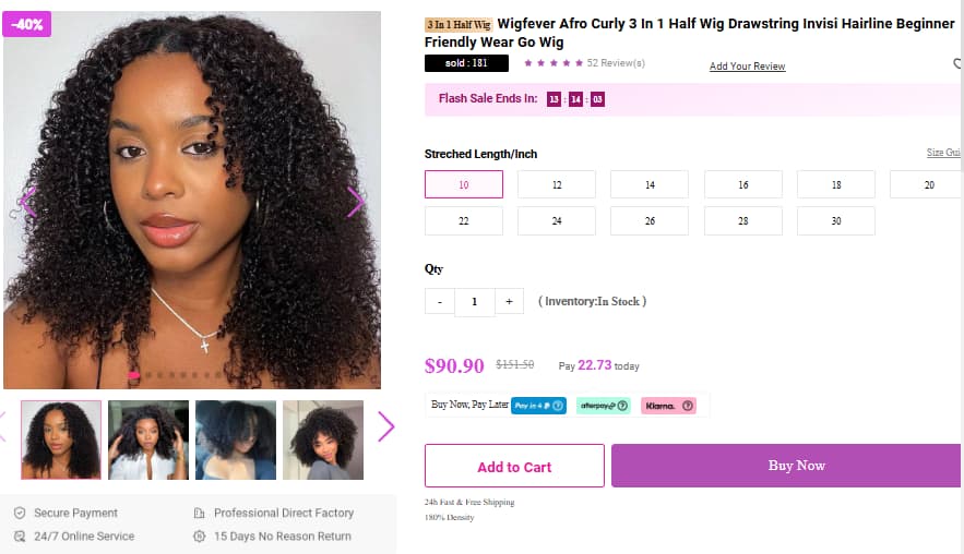WigFever Afro Curly 3 In 1 Half Wig deal showing Save $60.60