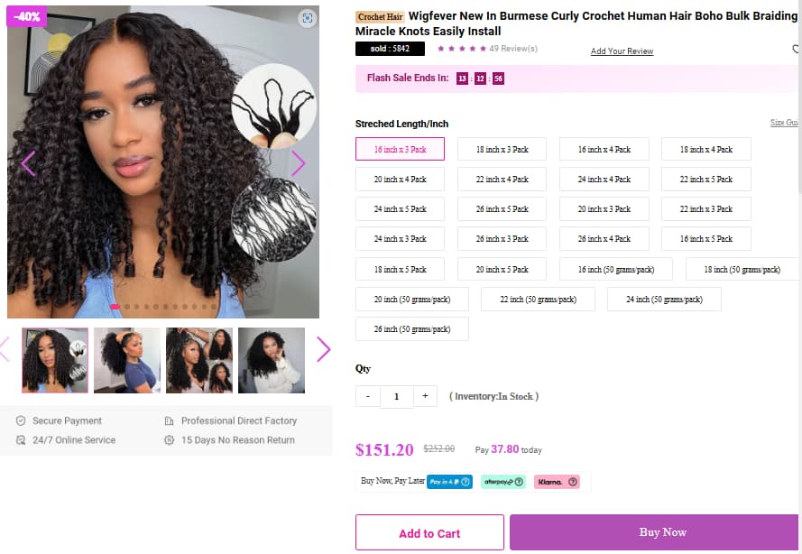 WigFever Burmese Curly Crochet Human Hair deal showing Save $100.80