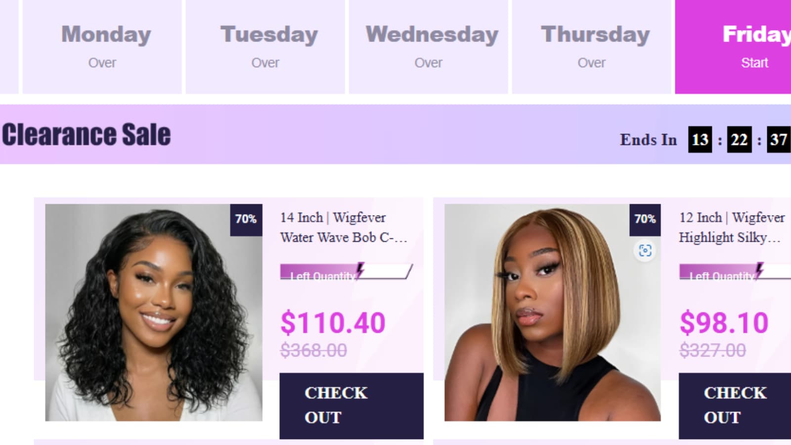 WigFever Clearance Sale / Weekend Blowout MEGA Sale deal showing Up to 70% Off