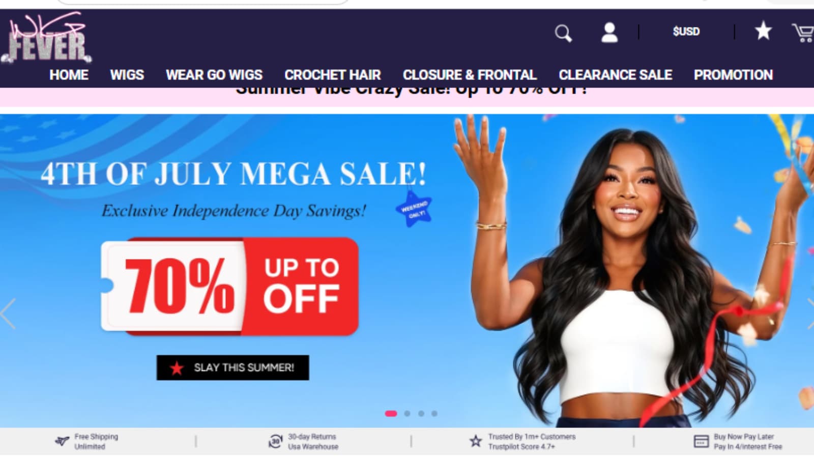 WigFever Summer Vibe Crazy Sale deal showing Up to 70% Off