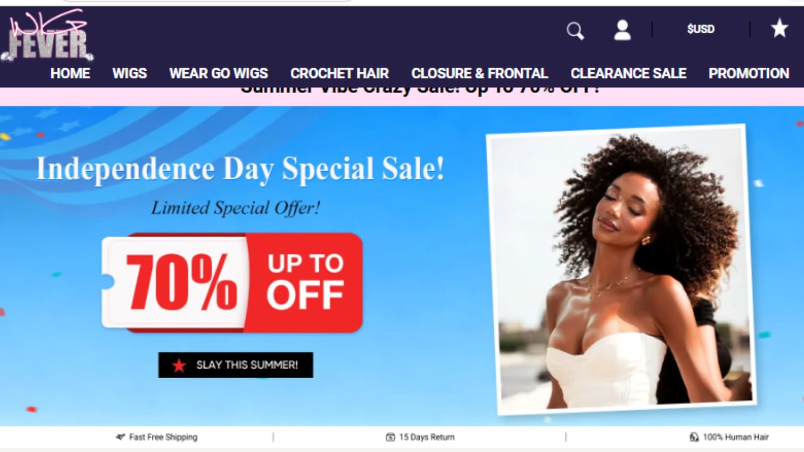 WigFever Under $100 Sale / Summer Vibe Crazy Sale deal showing Up to 70% Off