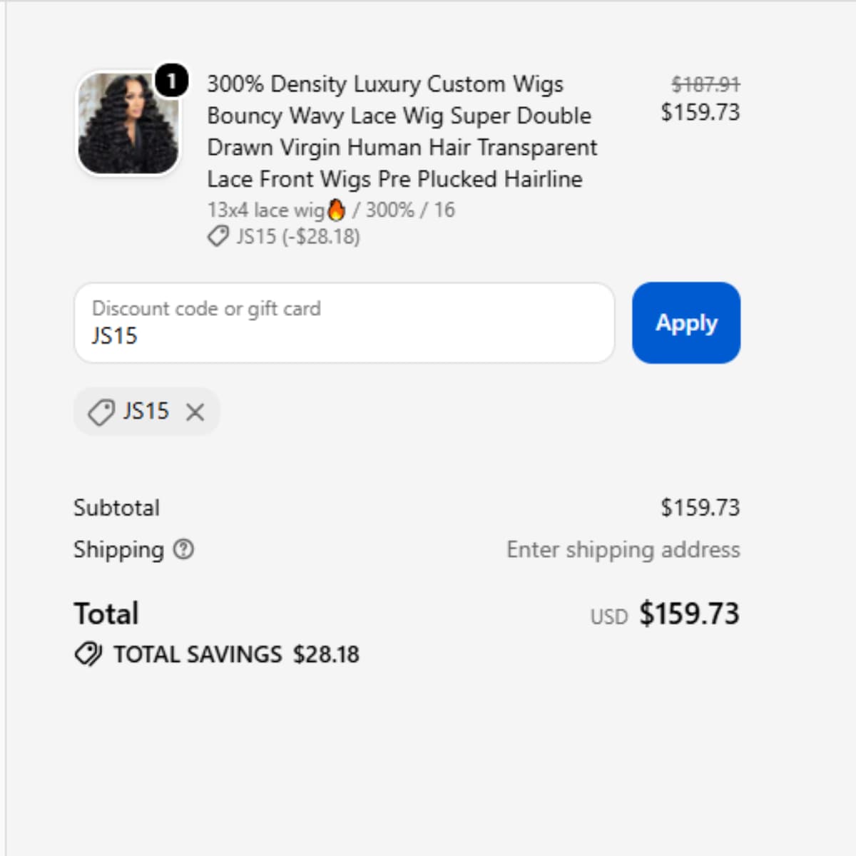 ZlikeHair JS15 coupon code checkout proof showing 15% off sitewide savings