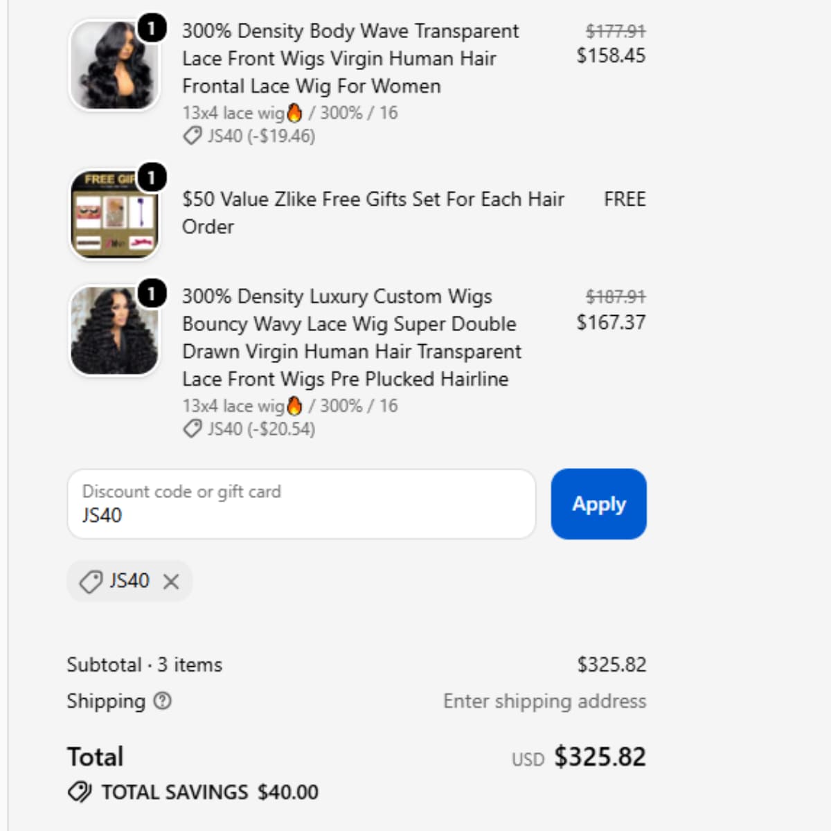ZlikeHair JS40 coupon code proof showing $40 off orders over $245