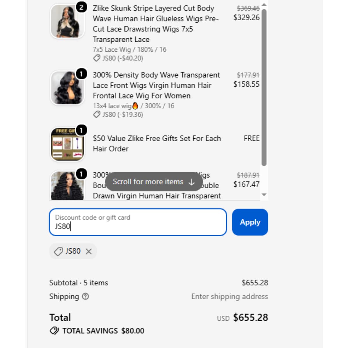 ZlikeHair JS80 coupon code proof showing $80 off orders over $465