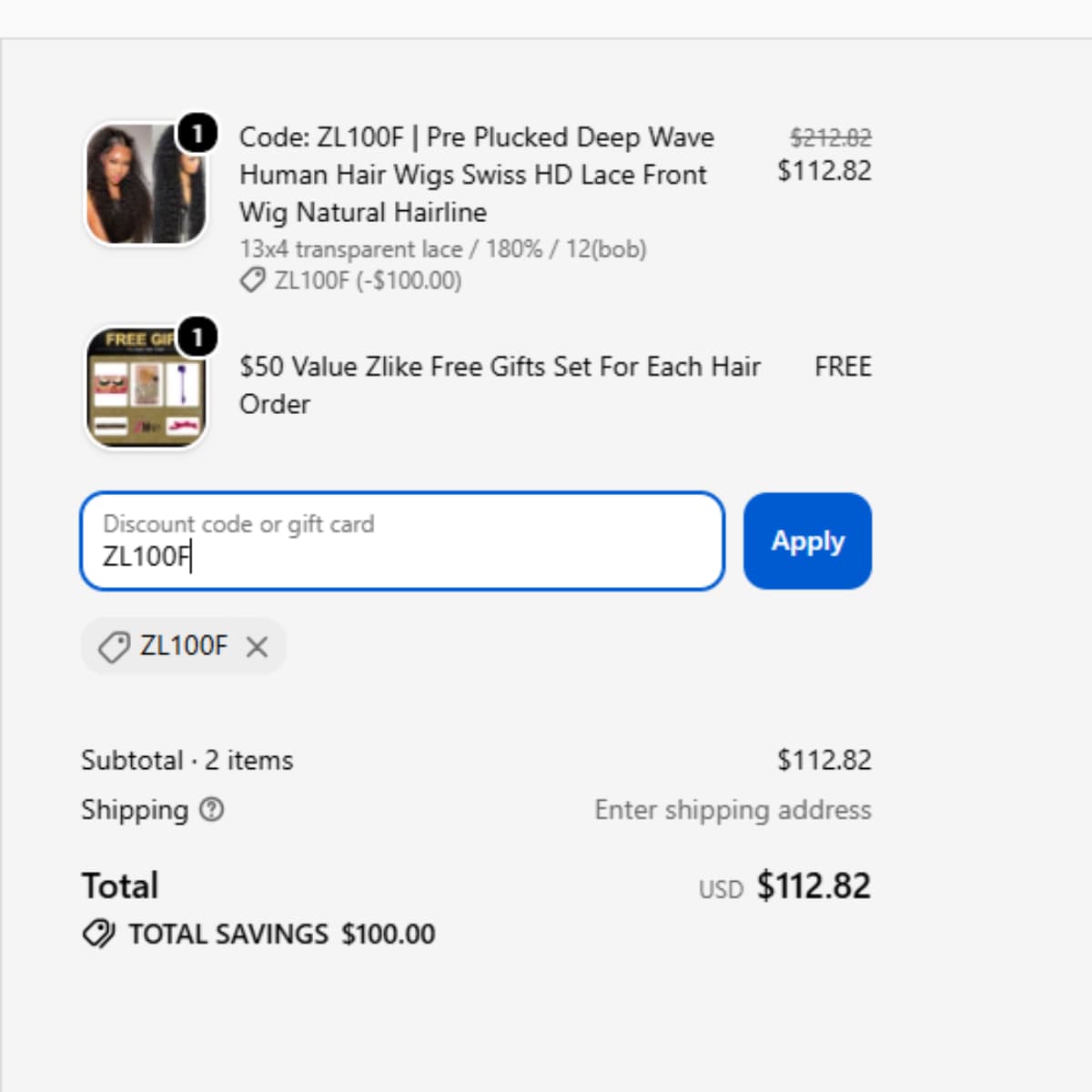 ZlikeHair ZL100F coupon code proof showing $100 off selected wigs