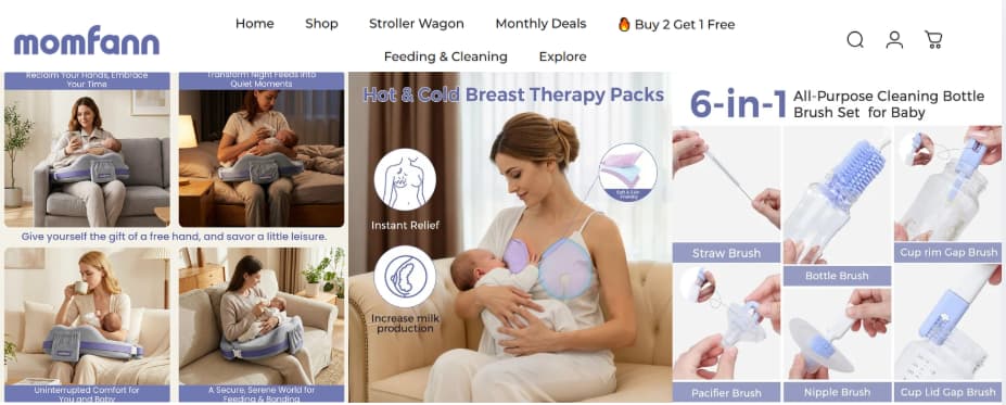 Momfann trust signals showing support, free shipping, warranty, and secure payment