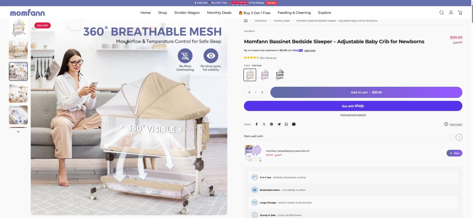 Momfann bedside sleeper shown beside an adult bed for easier newborn-night access