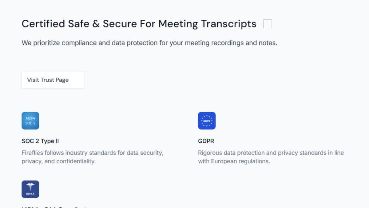 Fireflies security SOC 2 GDPR HIPAA trust center and privacy controls