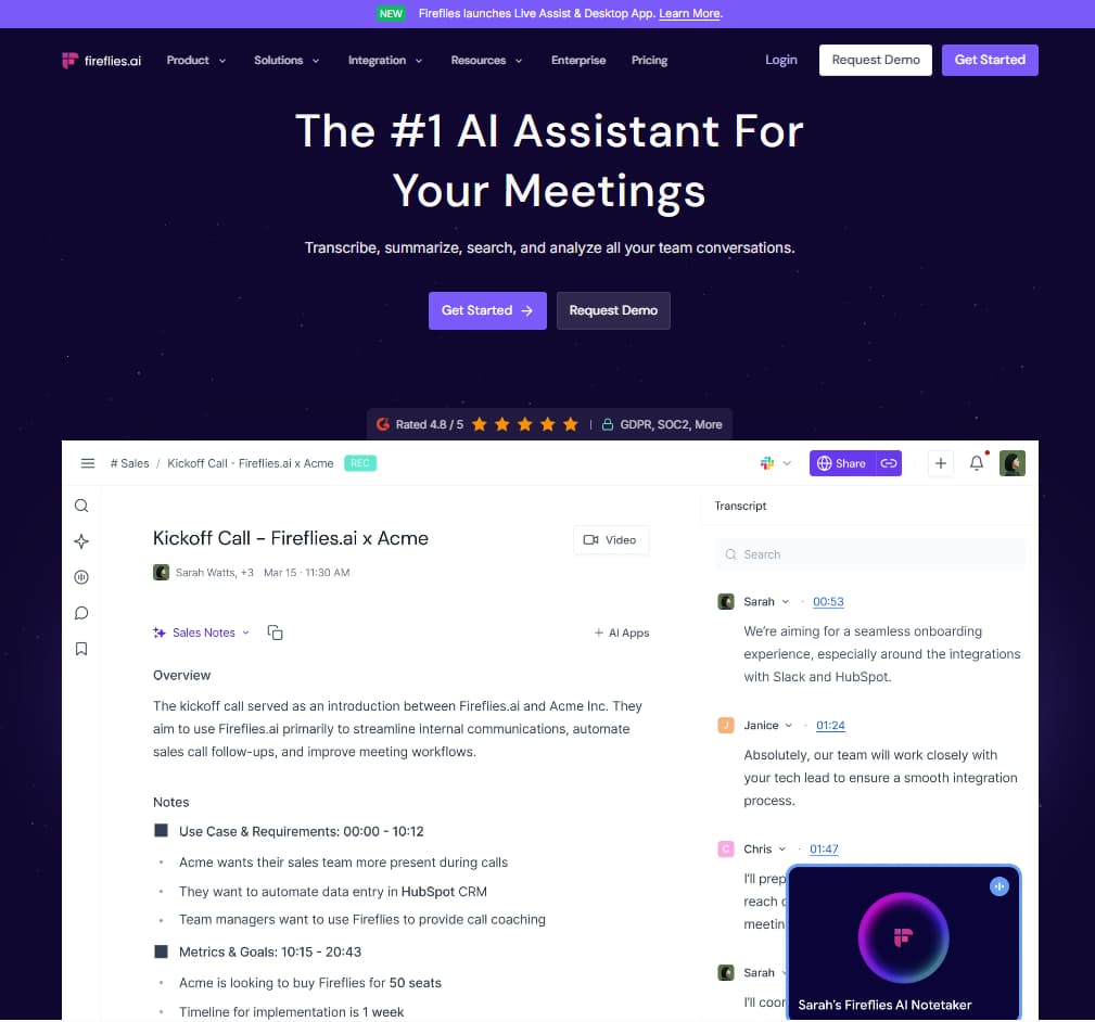 Fireflies official homepage AI meeting assistant transcription summaries and search