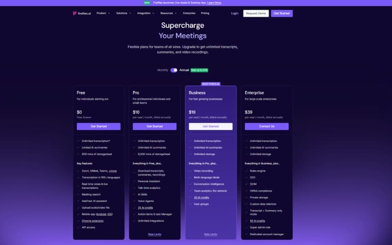 Fireflies pricing plans Free Pro Business Enterprise 2026