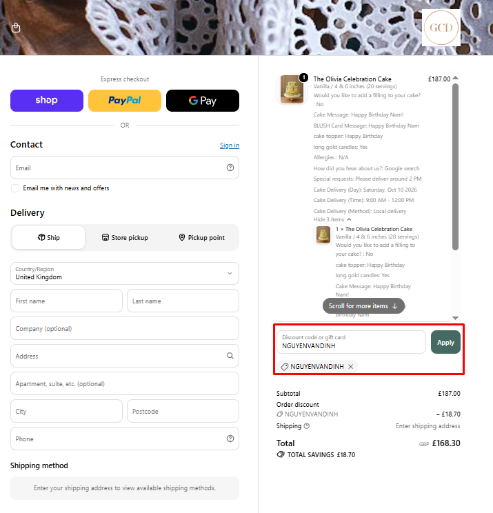 Good Cake Day discount code NGUYENVANDINH 10% off checkout proof