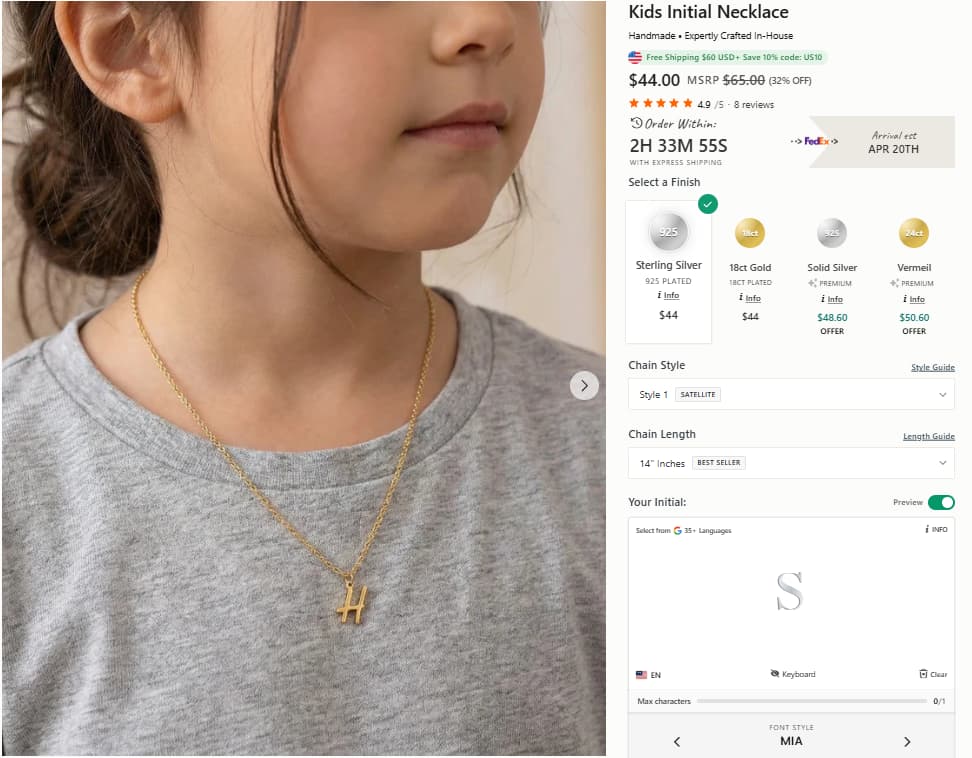 HBD Kids Initial Necklace product page showing a child wearing a simple personalised initial pendant necklace