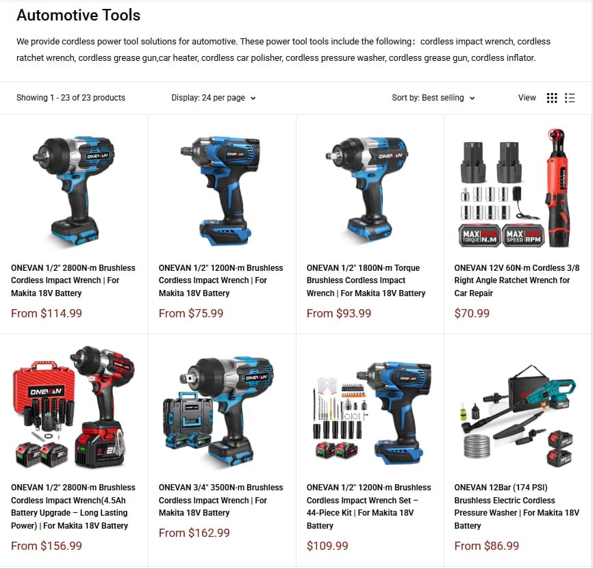 ONEVAN Automotive Tools collection for impact wrenches, ratchets, and garage work