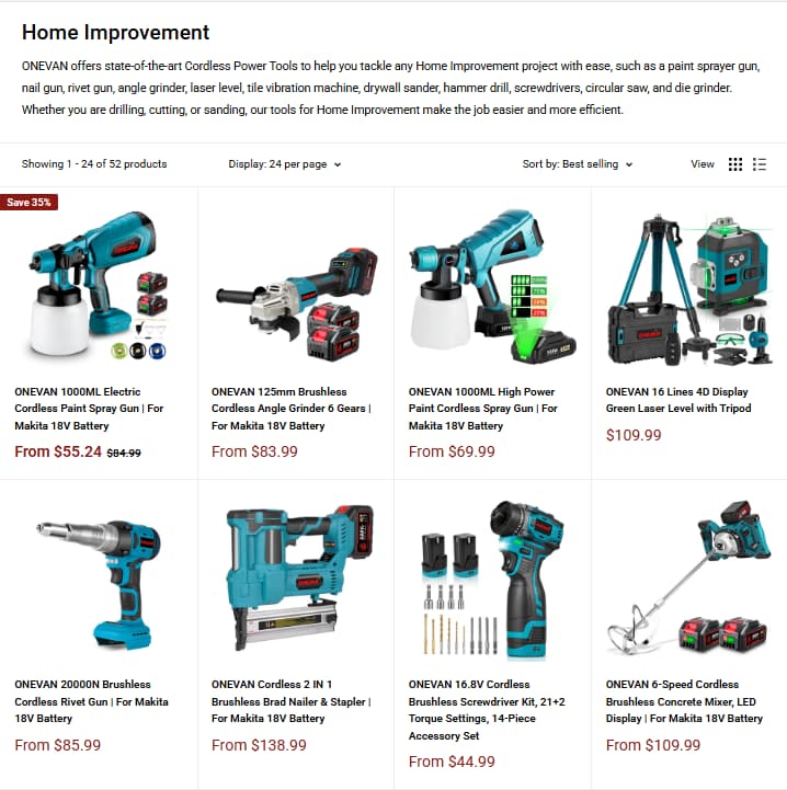 ONEVAN Home Improvement collection for paint sprayers, grinders, laser levels, and household repair tools