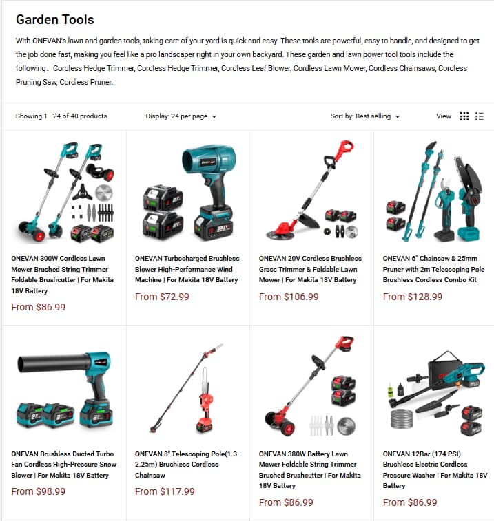 ONEVAN Garden Tools collection for blowers, lawn mowers, chainsaws, and pruning tools