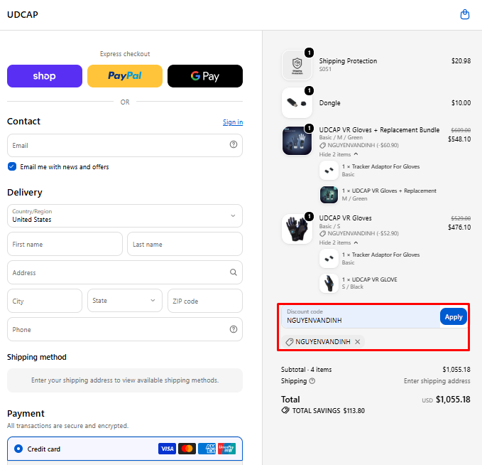 UDEXREAL discount code NGUYENVANDINH 10% off UDCAP VR gloves checkout proof
