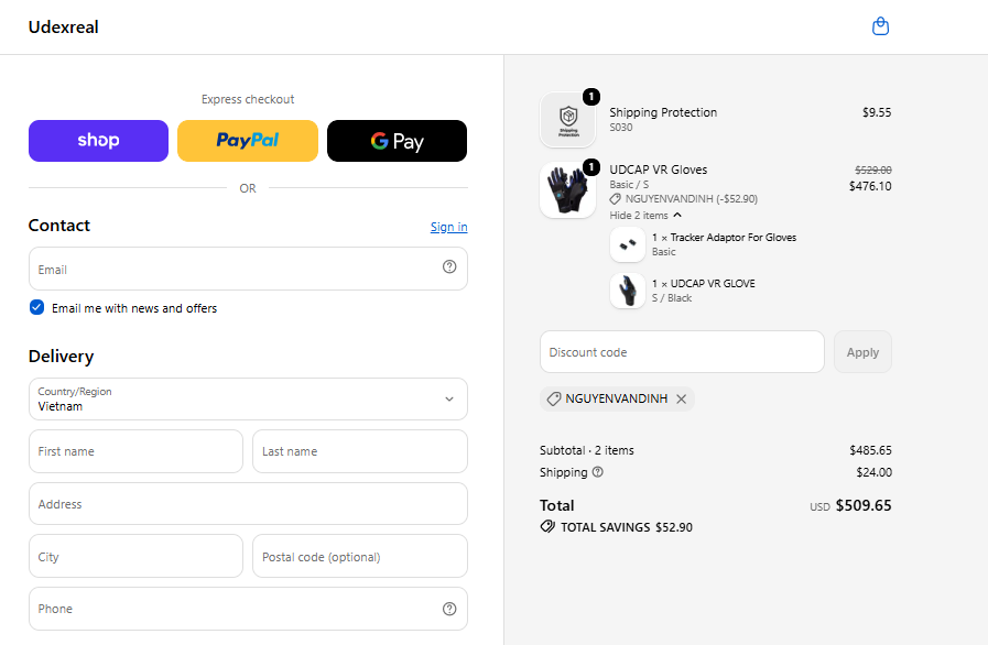 NGUYENVANDINH checkout proof for UDCAP VR gaming Gloves