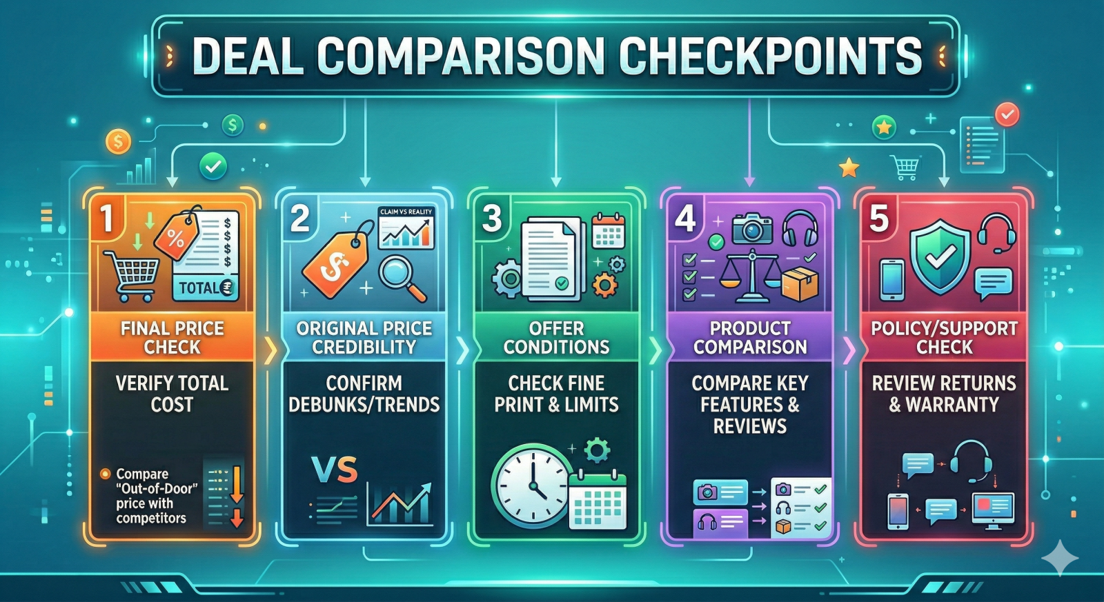 Infographic showing deal comparison checkpoints including final price, original price credibility, offer conditions, product comparison, and policy support checks