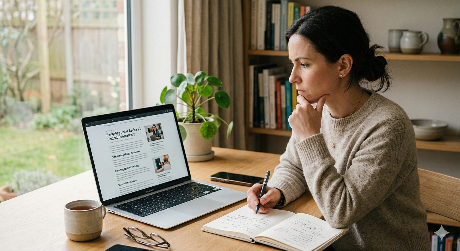 Thoughtful reader reviewing affiliate disclosure and shopping content transparency on a laptop