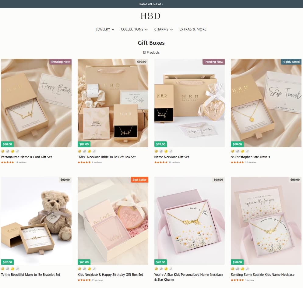 HBD Gift Boxes collection page showing ready-to-give jewellery gift sets, including children’s birthday and personalised gift box options