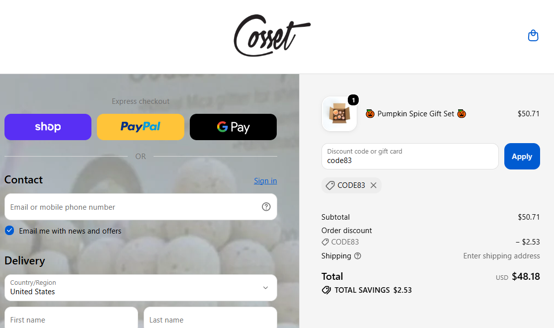 Cosset discount code code83 5% off checkout proof