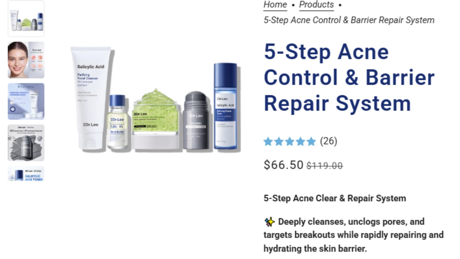 DR.LEO 5-Step Acne Control and Barrier Repair System sale price $66.50, originally $119
