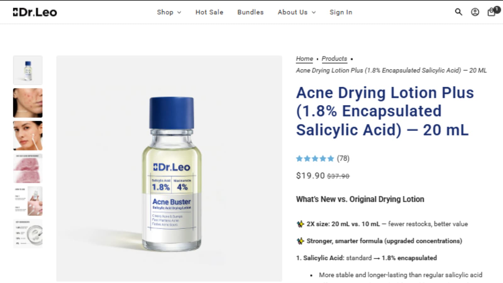DR.LEO Acne Drying Lotion Plus 20 mL sale price $19.90, originally $37.90