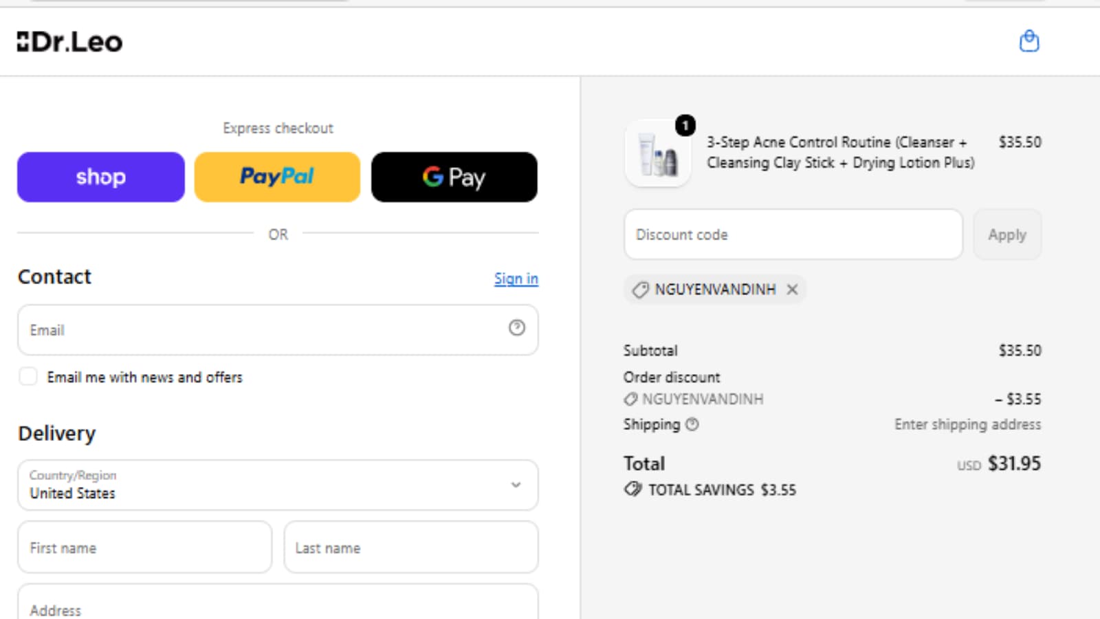 DR.LEO 3-Step Acne Control Routine checkout proof showing NGUYENVANDINH and final price $31.95