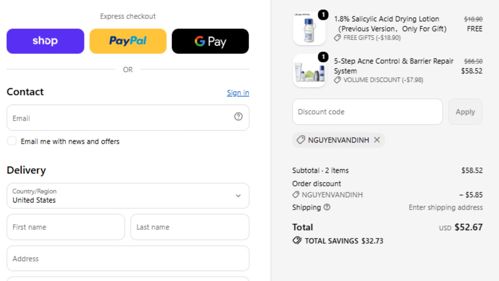 DR.LEO 5-Step Acne Control System checkout proof showing NGUYENVANDINH and final price $52.67