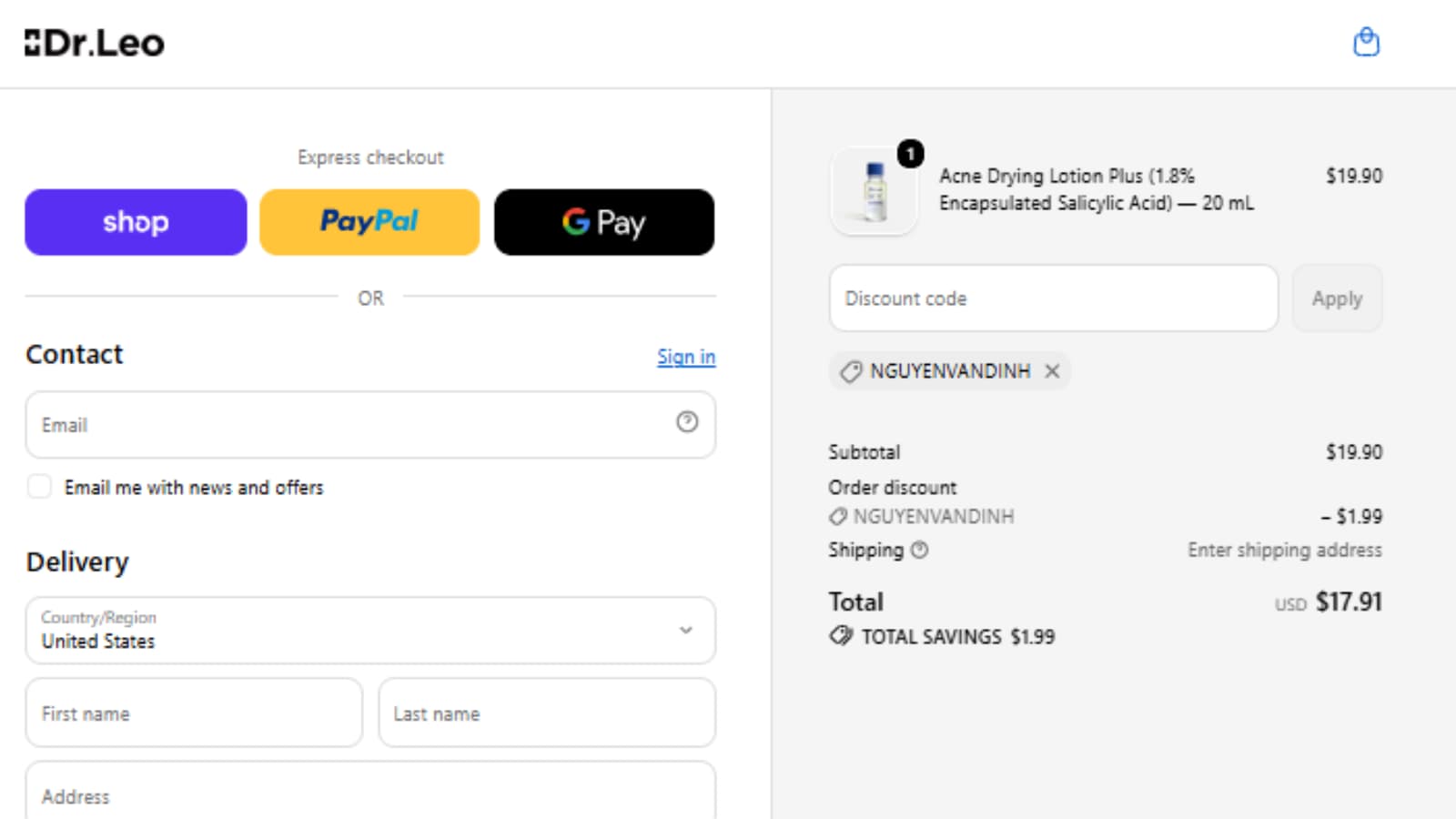 DR.LEO Acne Drying Lotion Plus checkout proof showing NGUYENVANDINH and final price $17.91