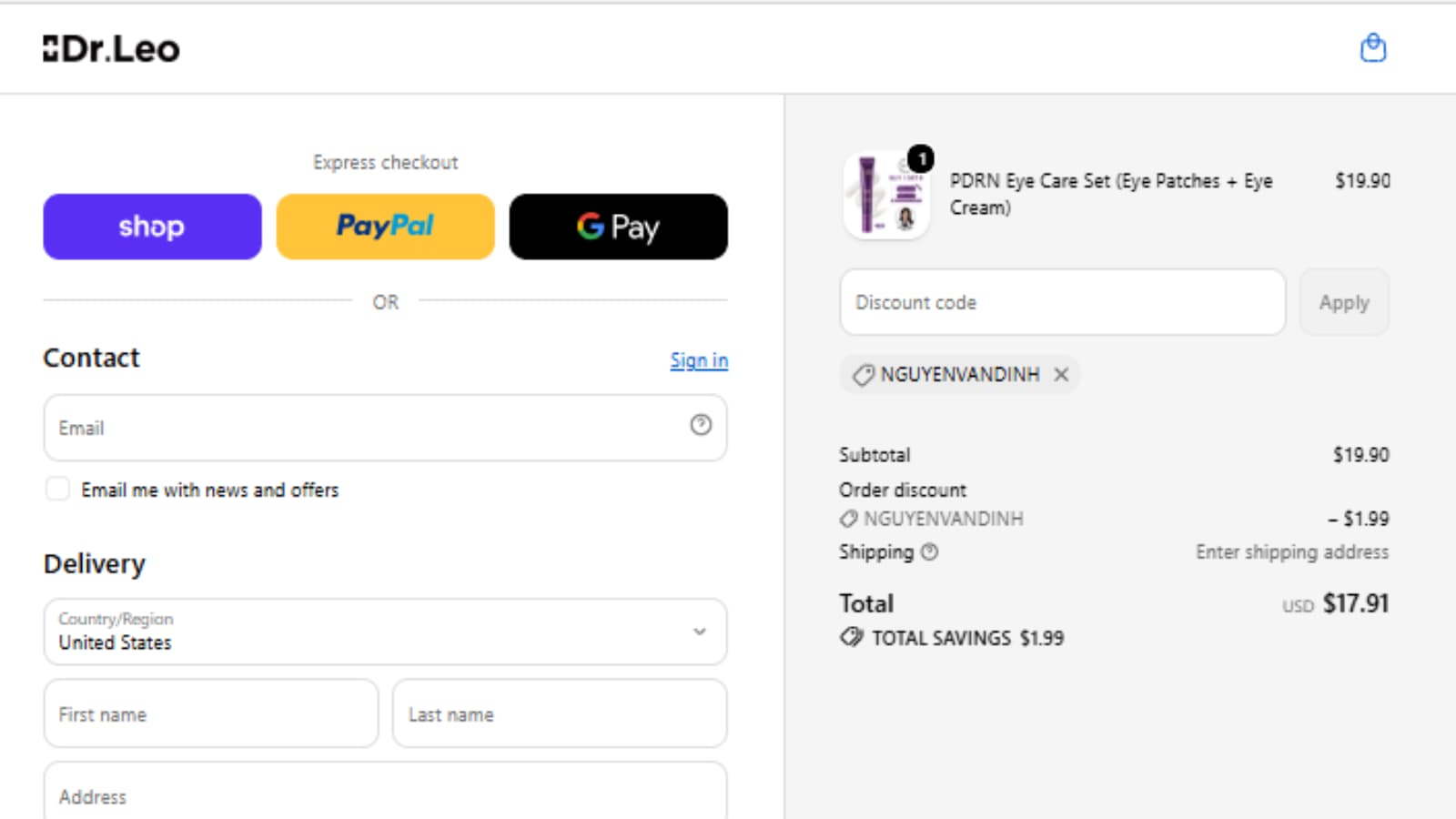 DR.LEO PDRN Eye Care Set checkout proof showing NGUYENVANDINH and final price $17.91