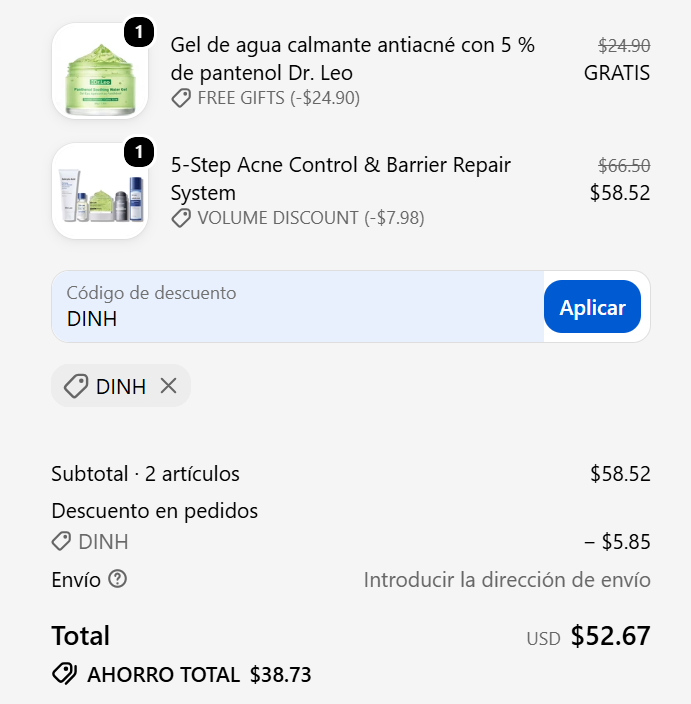 Prueba de compra del código de descuento DINH con 10% adicional en productos DrLeo