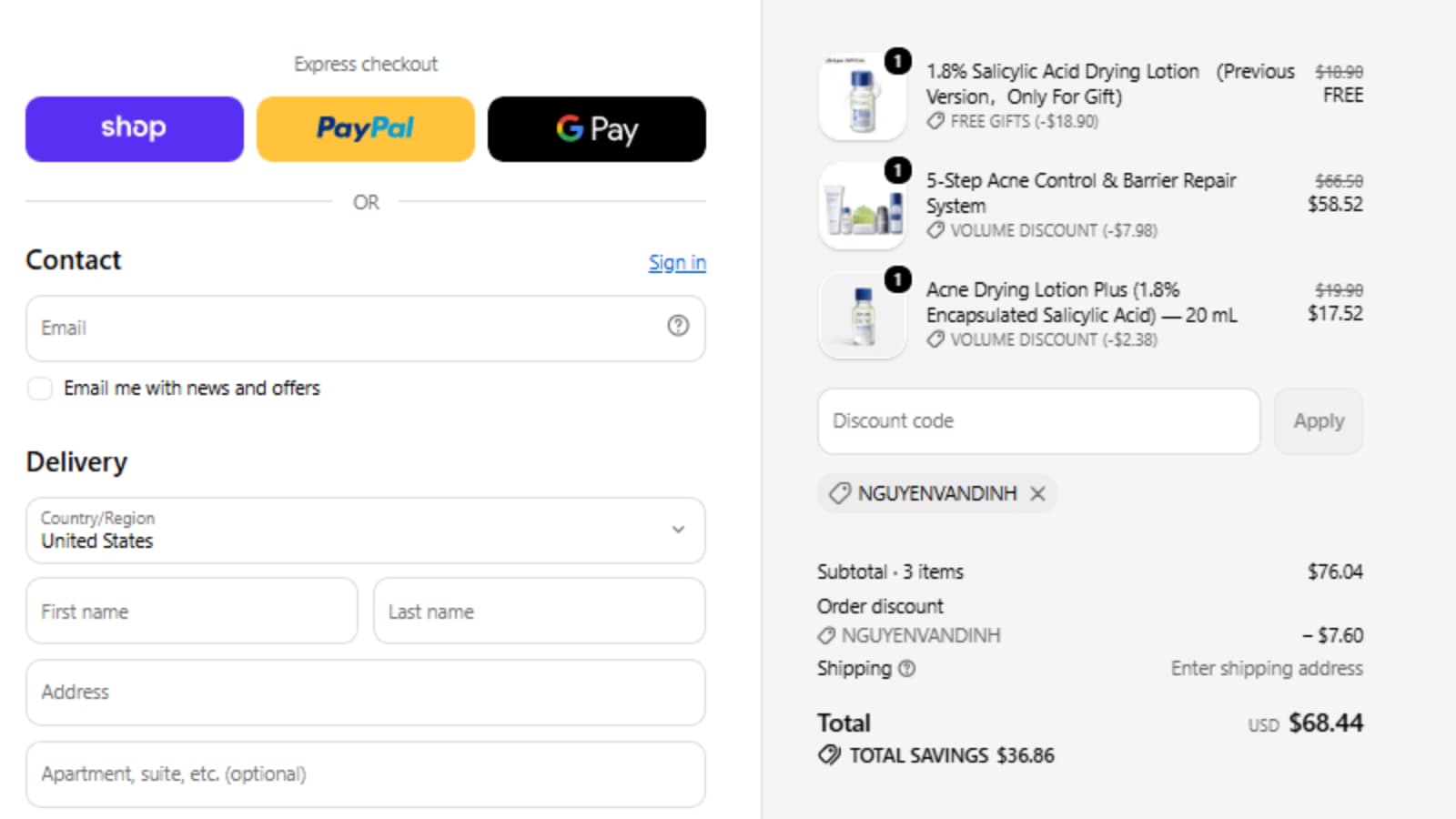 DR.LEO coupon code NGUYENVANDINH checkout proof showing $7.60 off a $76.04 subtotal