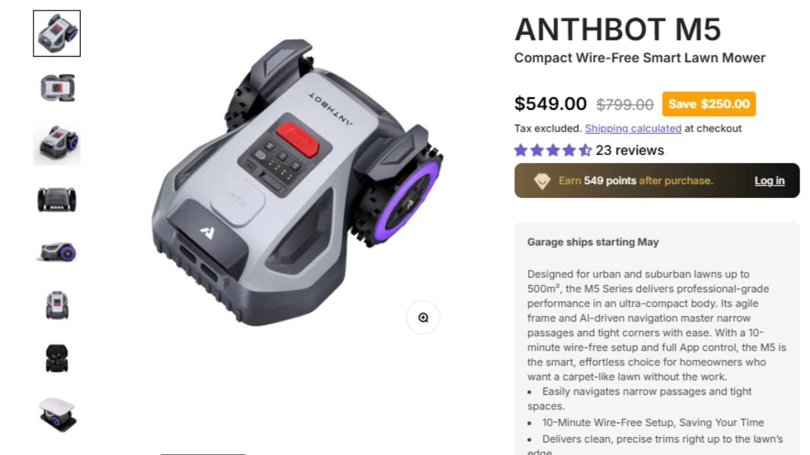 ANTHBOT M5 compact robot lawn mower deal showing Save $250 from $799.00 to $549.00
