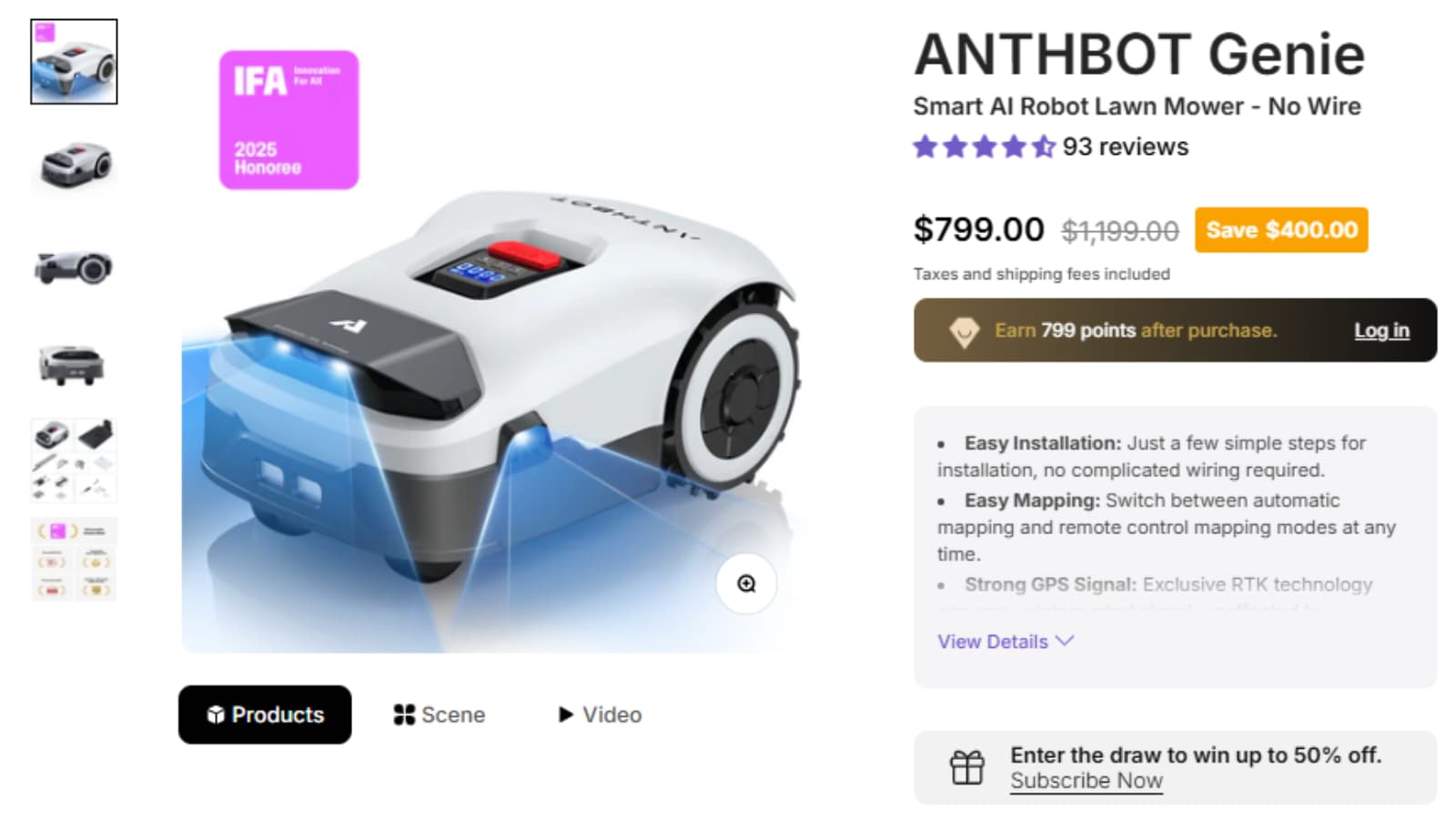 ANTHBOT Genie 1000 robot lawn mower deal showing Save $400 from $1,199.00 to $799.00